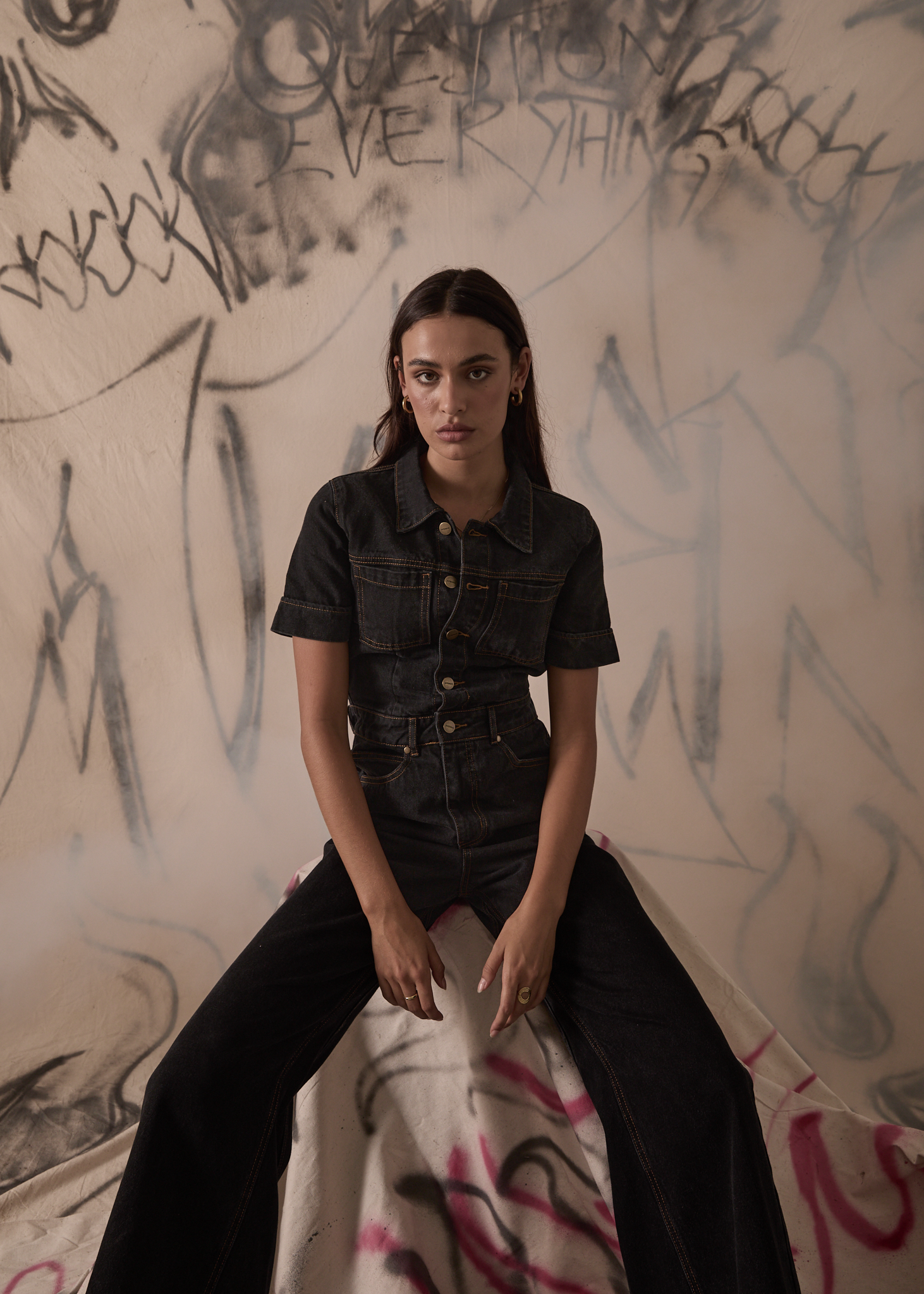 AFENDS Womens Estrella - Denim Flared Jumpsuit - Black