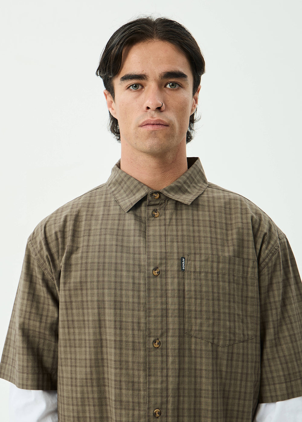 AFENDS Mens Shadow - Short Sleeve Shirt - Stone Check