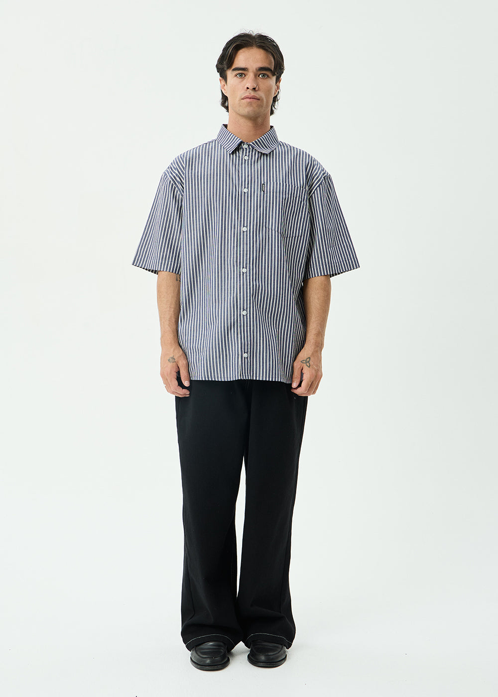 AFENDS Mens Delta - Short Sleeve Shirt - Navy Stripe