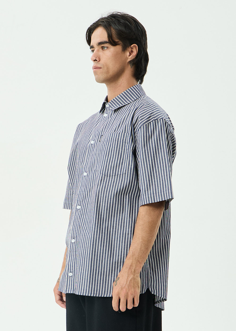 AFENDS Mens Delta - Short Sleeve Shirt - Navy Stripe