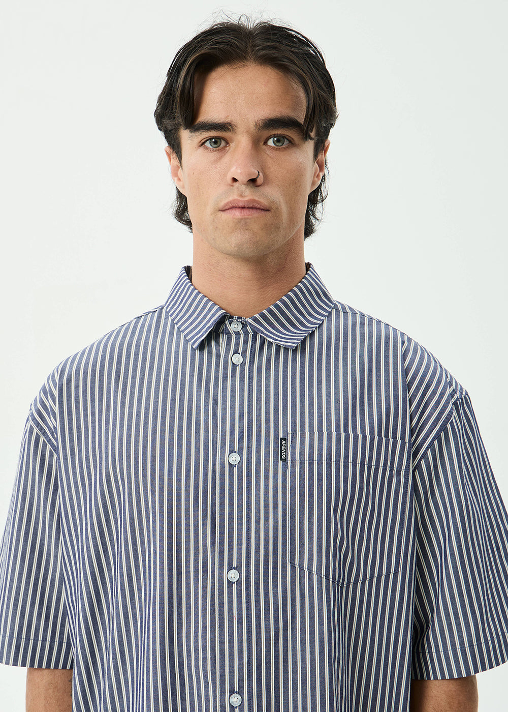 AFENDS Mens Delta - Short Sleeve Shirt - Navy Stripe