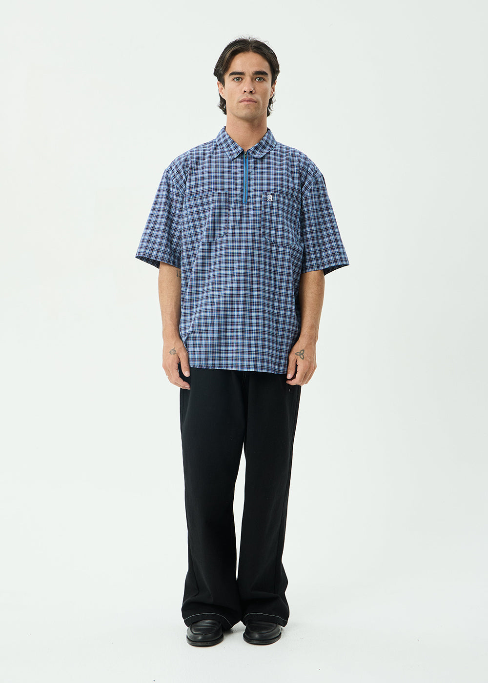 AFENDS Mens Mountains - Workwear Short Sleeve Shirt - Navy Check