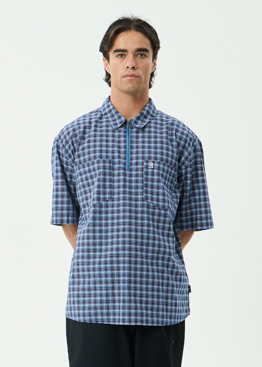 AFENDS Mens Mountains - Workwear Short Sleeve Shirt - Navy Check