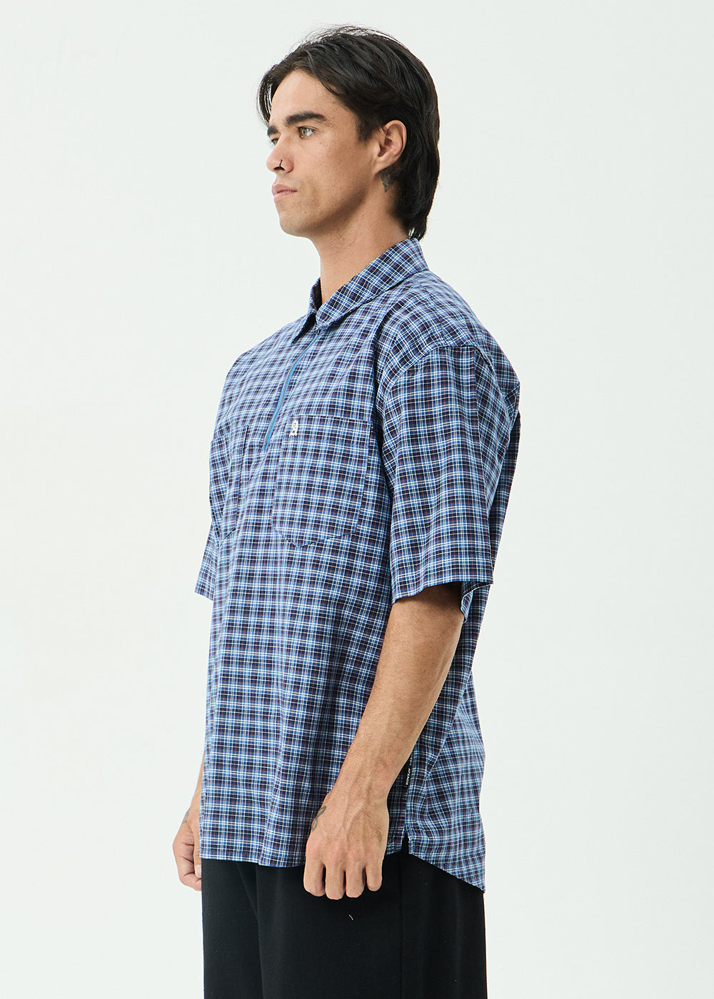 AFENDS Mens Mountains - Workwear Short Sleeve Shirt - Navy Check