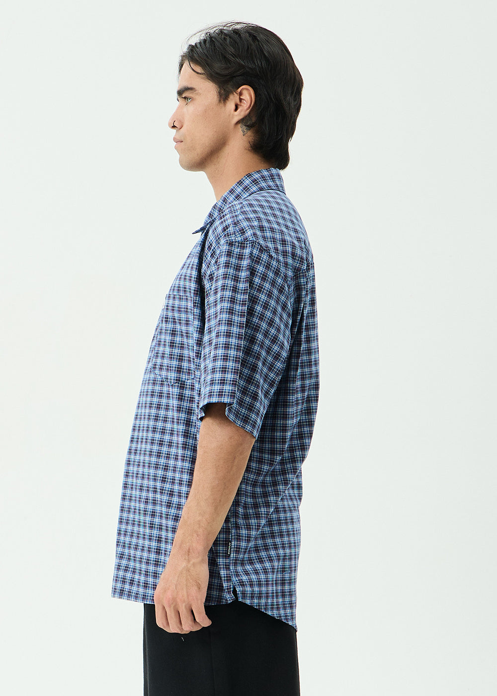 AFENDS Mens Mountains - Workwear Short Sleeve Shirt - Navy Check