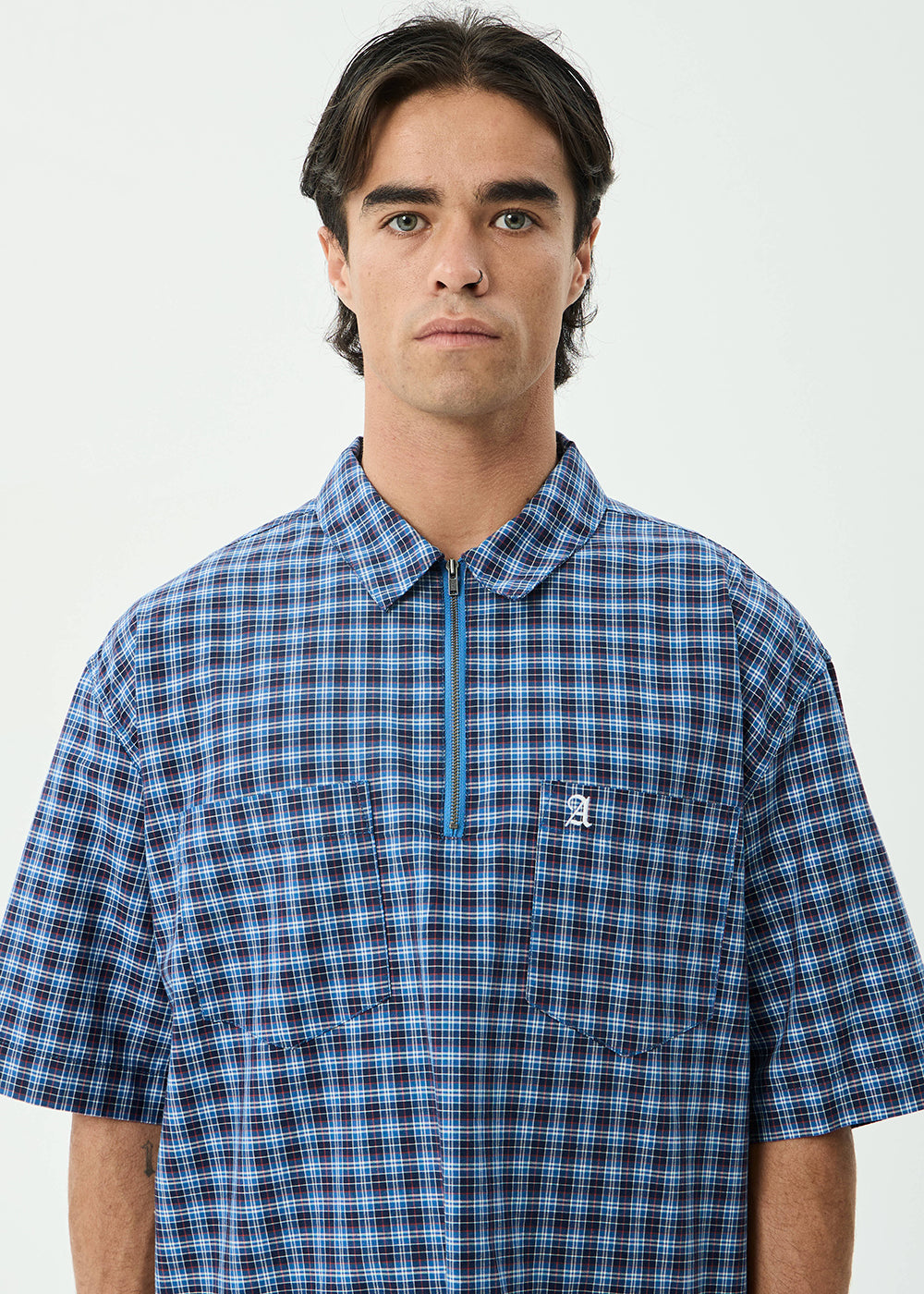 AFENDS Mens Mountains - Workwear Short Sleeve Shirt - Navy Check