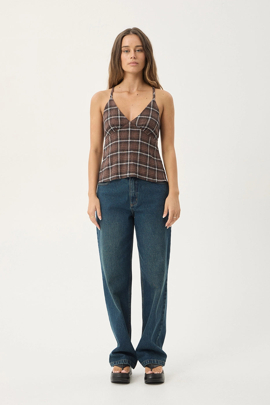 AFENDS Womens Reverie - Seersucker Strappy Top - Coffee Check