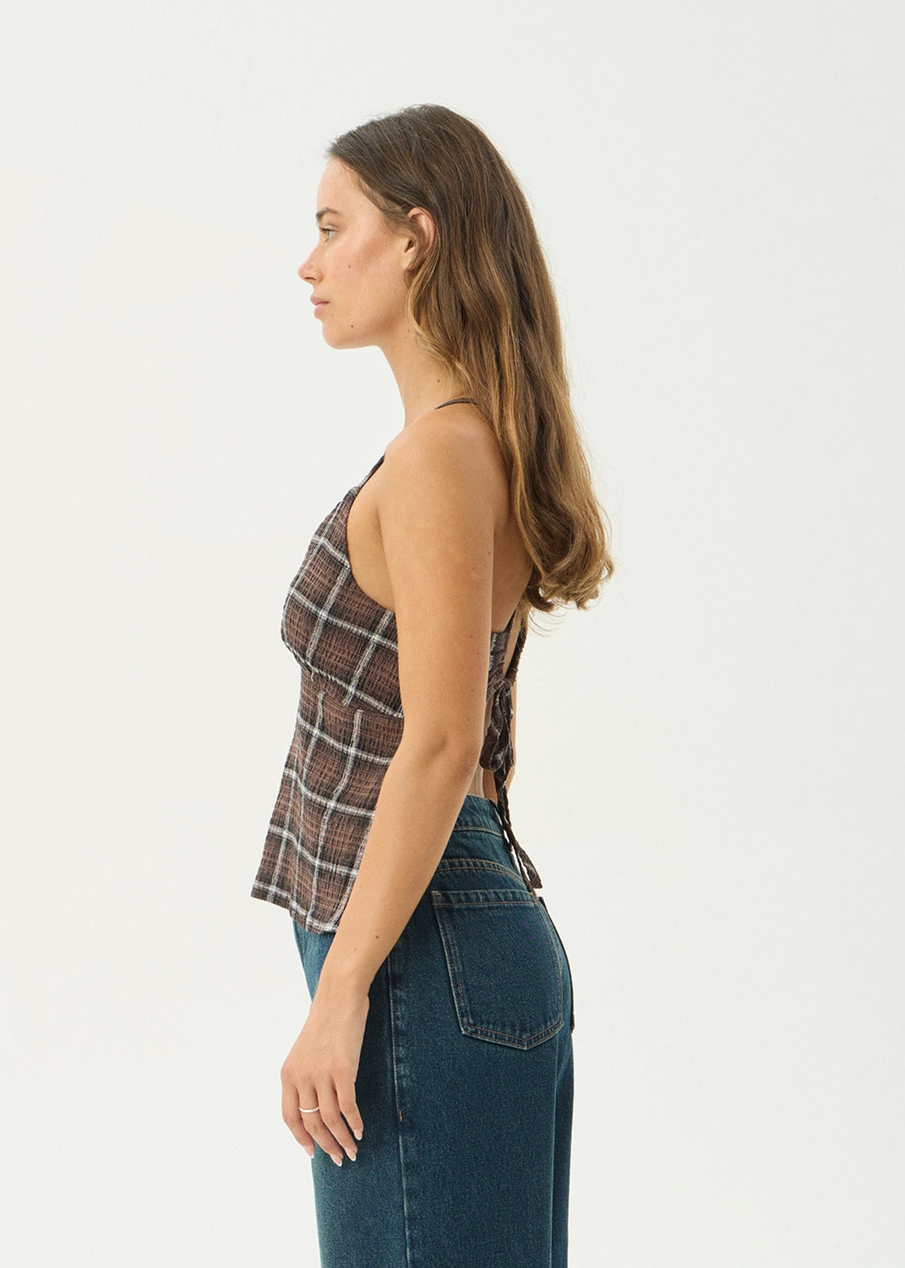 AFENDS Womens Reverie - Seersucker Strappy Top - Coffee Check