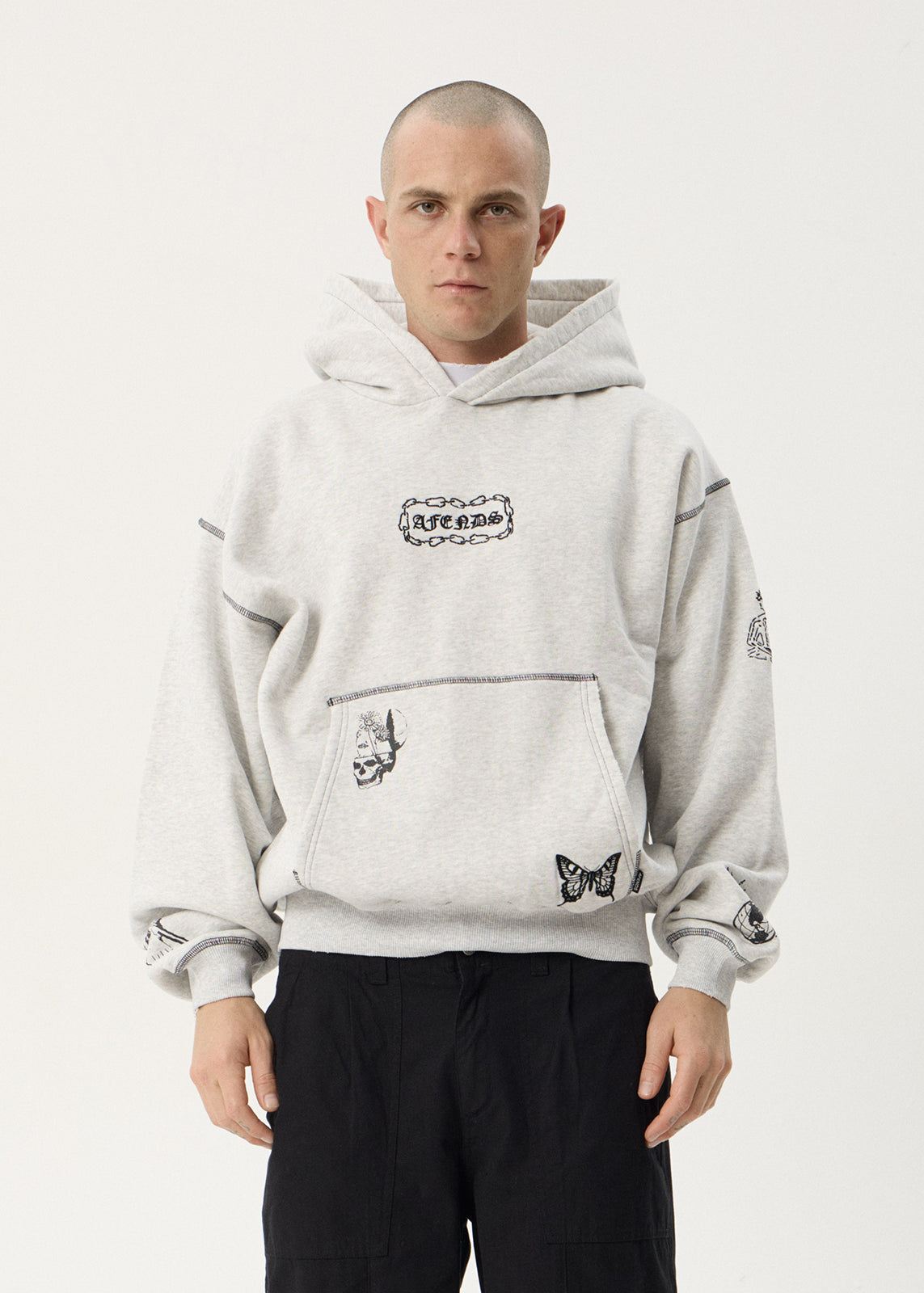 AFENDS Mens Spiritual - Distressed Boxy Hood - Grey Marle