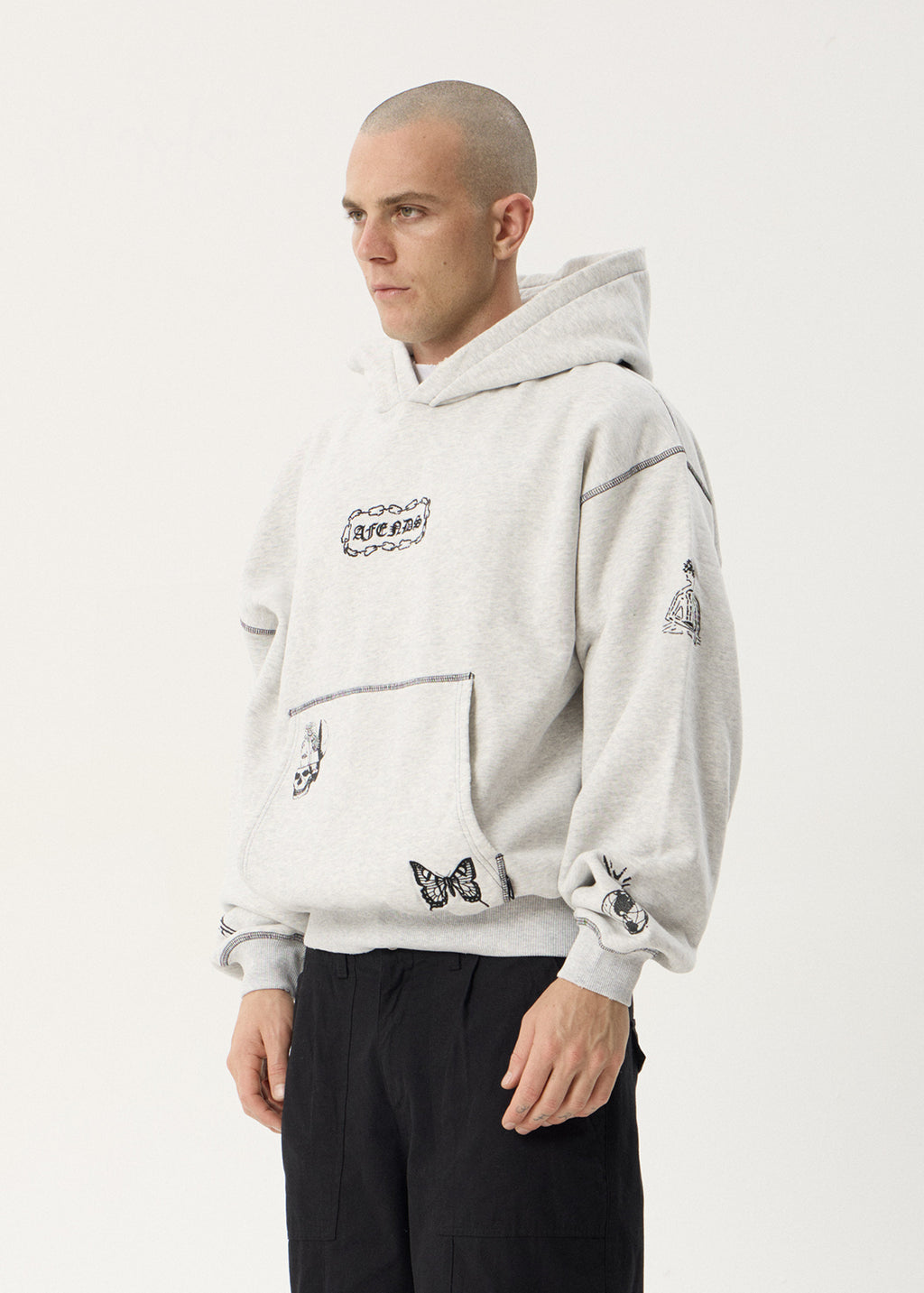 AFENDS Mens Spiritual - Distressed Boxy Hood - Grey Marle