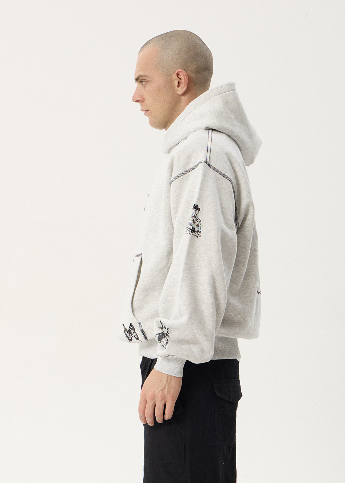 AFENDS Mens Spiritual - Distressed Boxy Hood - Grey Marle