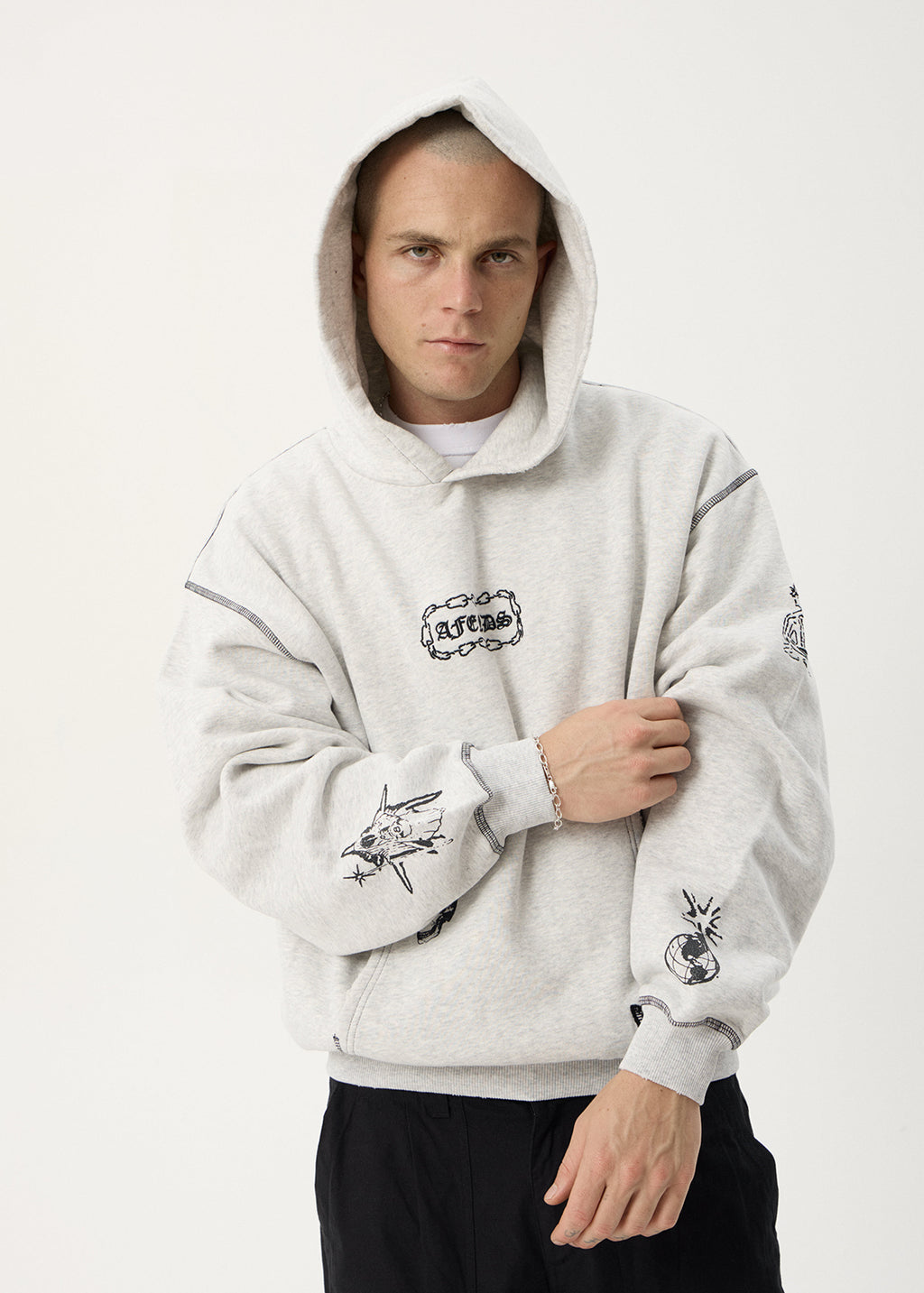 AFENDS Mens Spiritual - Distressed Boxy Hood - Grey Marle