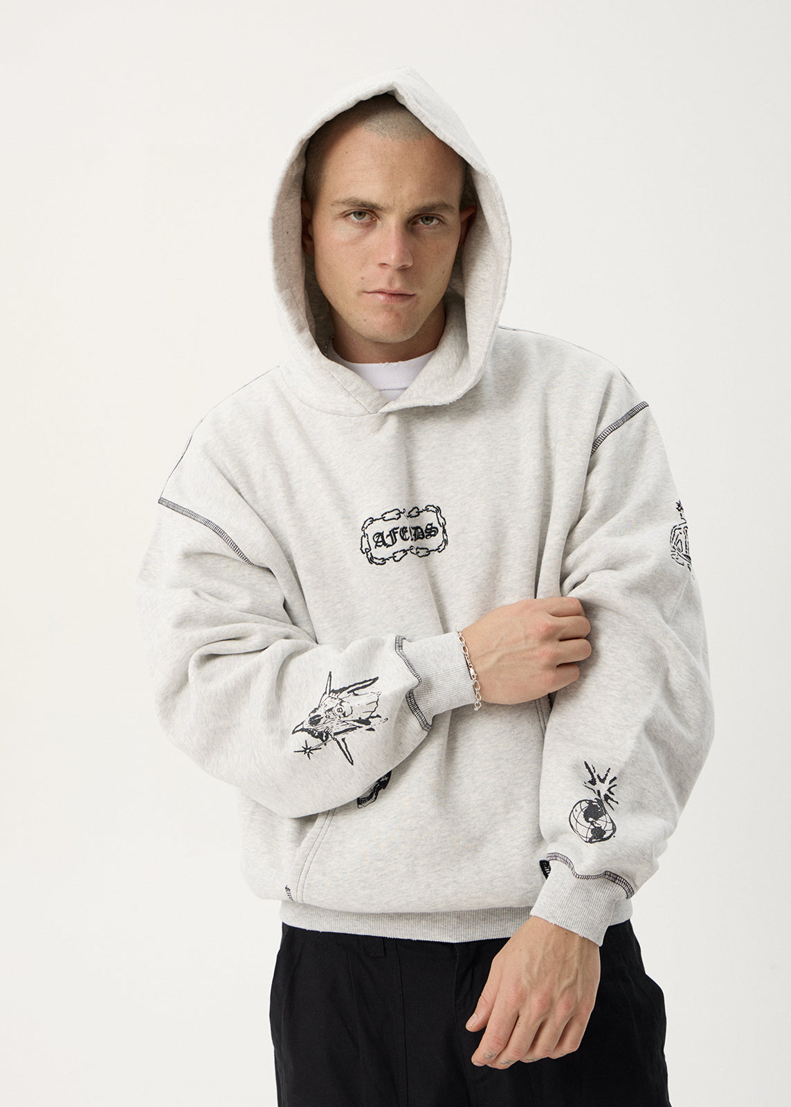AFENDS Mens Spiritual - Distressed Boxy Hood - Grey Marle