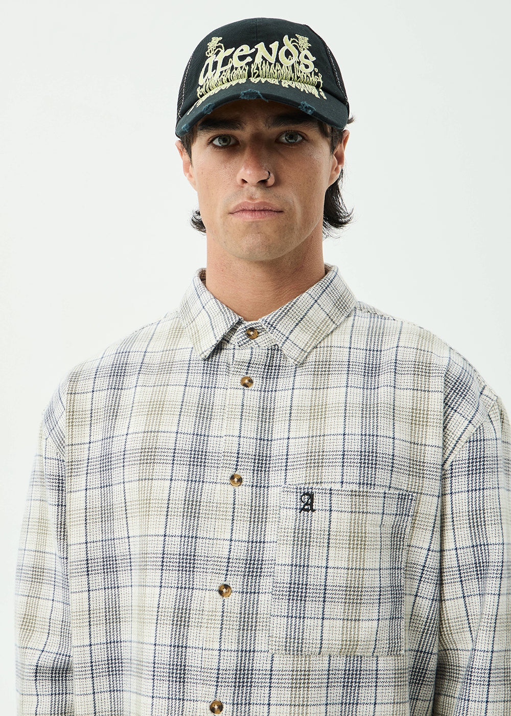 AFENDS Mens Shelter - Flannel Long Sleeve Shirt - White Check