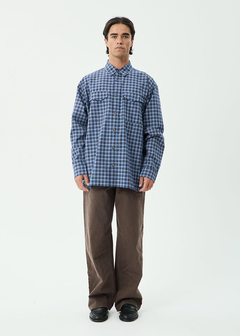 AFENDS Mens Mountains - Oversized Long Sleeve Shirt - Navy Check