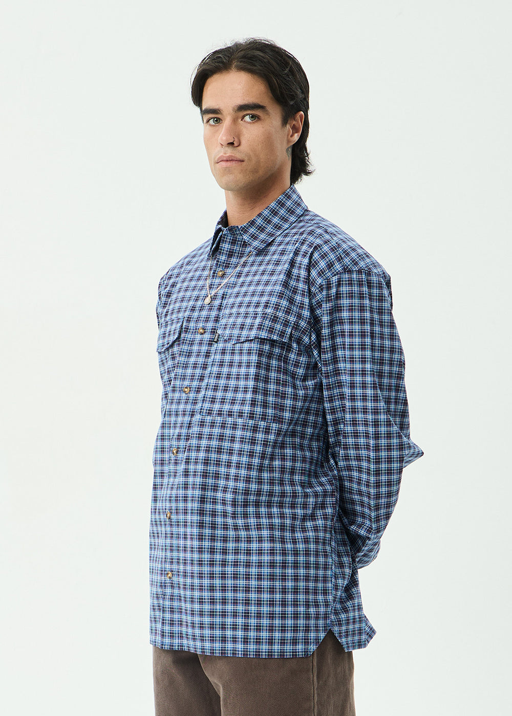 AFENDS Mens Mountains - Oversized Long Sleeve Shirt - Navy Check