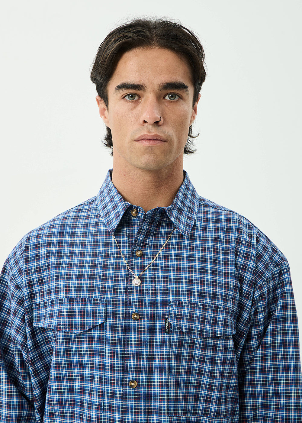AFENDS Mens Mountains - Oversized Long Sleeve Shirt - Navy Check