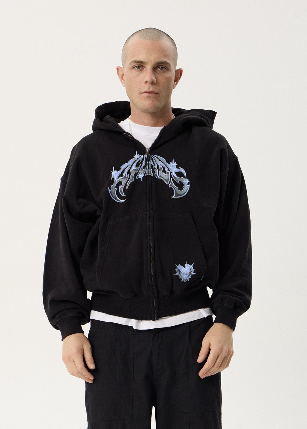 AFENDS Mens Scorpius - Distressed Boxy Zip Hood - Stone Black