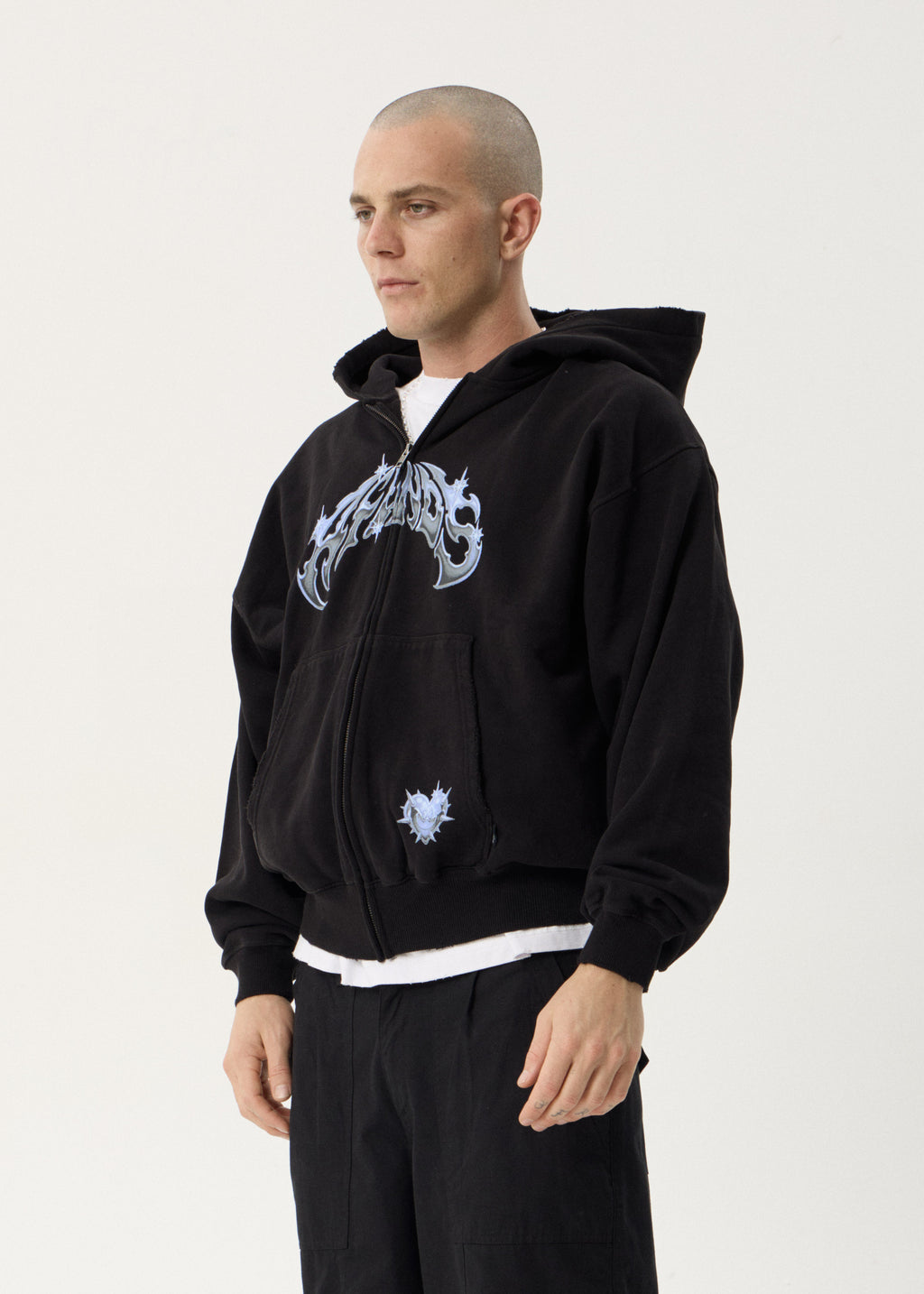 AFENDS Mens Scorpius - Distressed Boxy Zip Hood - Stone Black