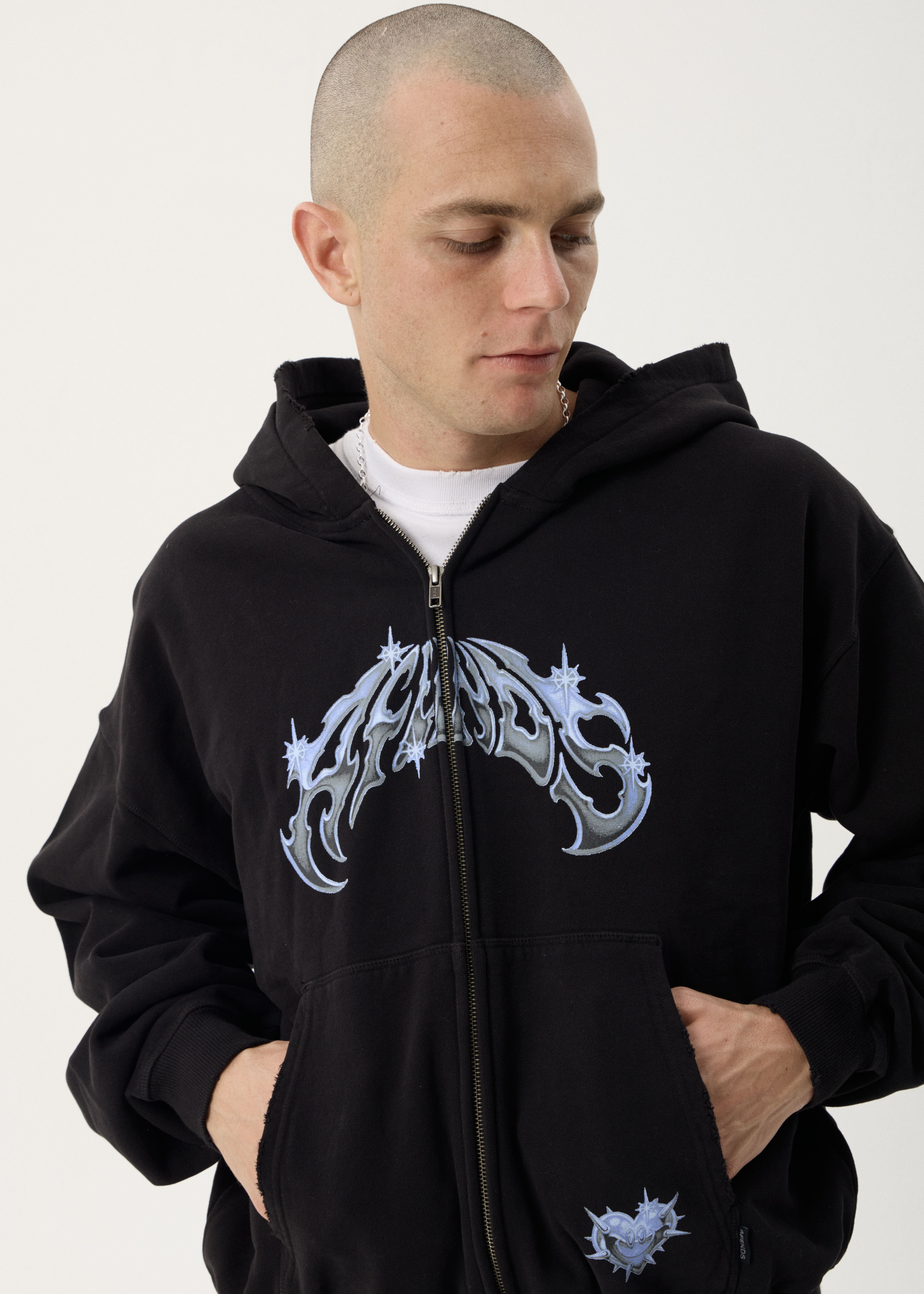 Scorpius Distressed Boxy Zip Hood - Stone Black | AFENDS