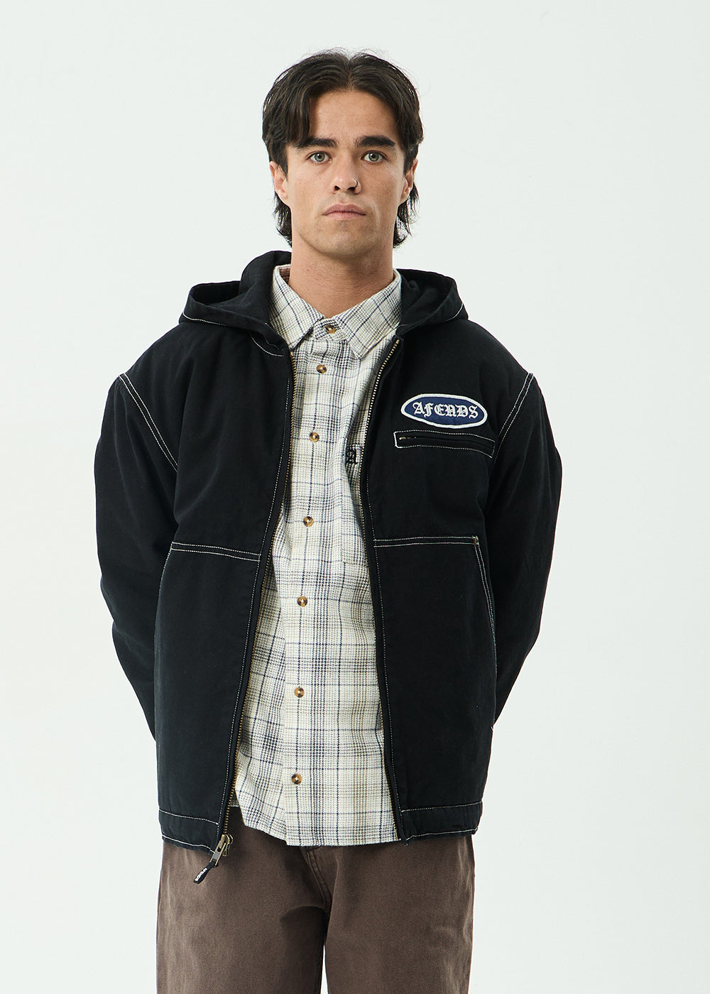 AFENDS Mens Supply - Workwear Hooded Jacket - Stone Black