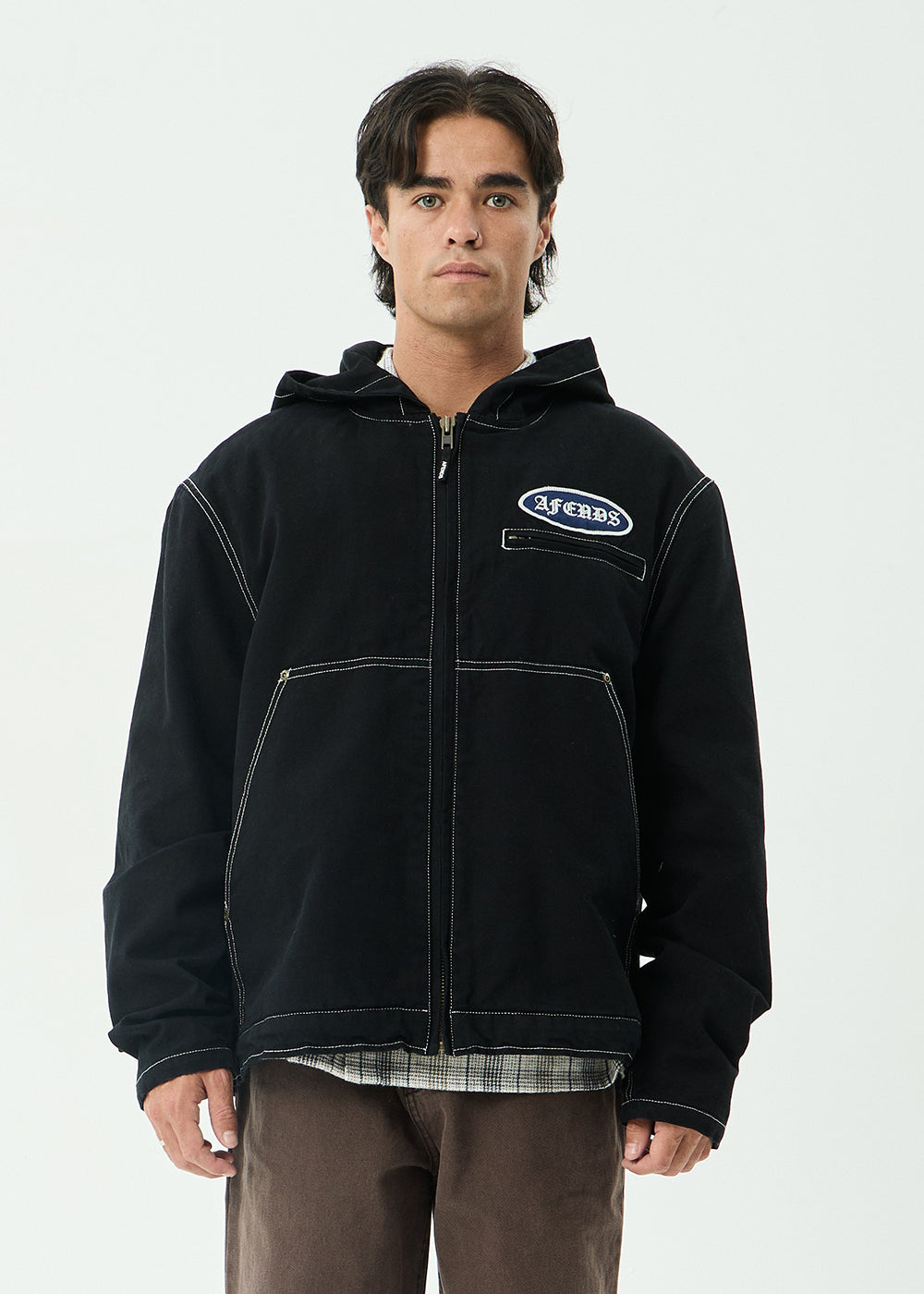 AFENDS Mens Supply - Workwear Hooded Jacket - Stone Black