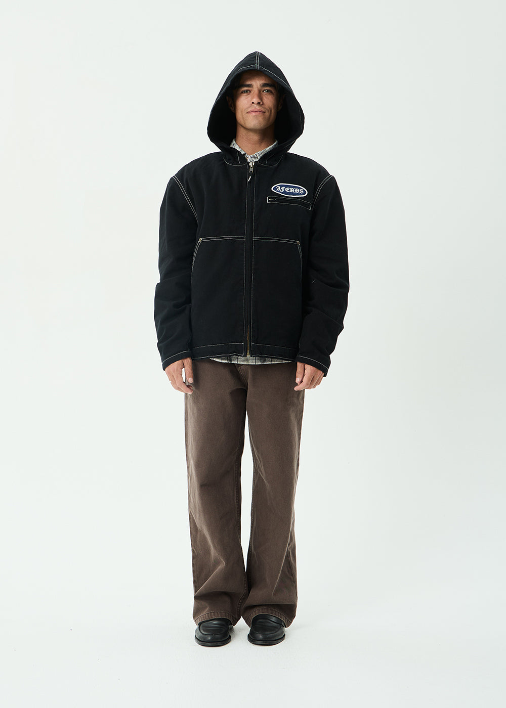 AFENDS Mens Supply - Workwear Hooded Jacket - Stone Black