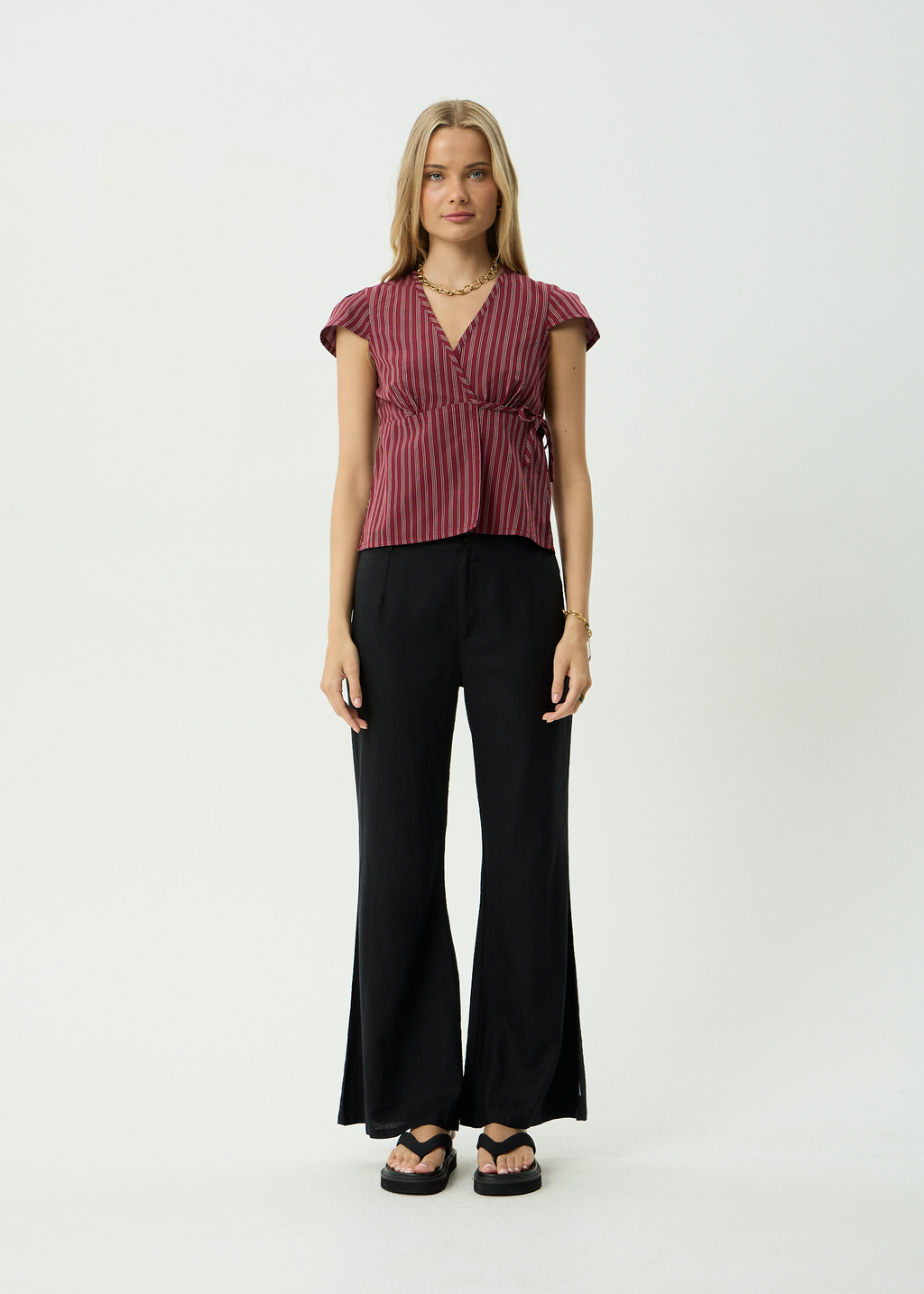 AFENDS Womens Ledger - Wrap Top - Burgundy Stripe