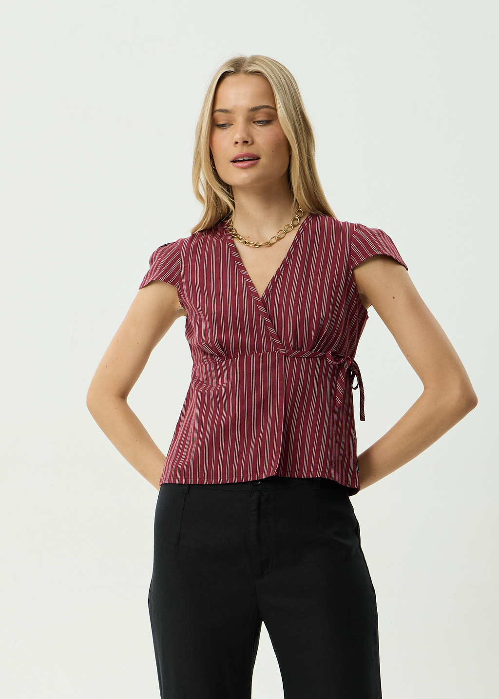 AFENDS Womens Ledger - Wrap Top - Burgundy Stripe