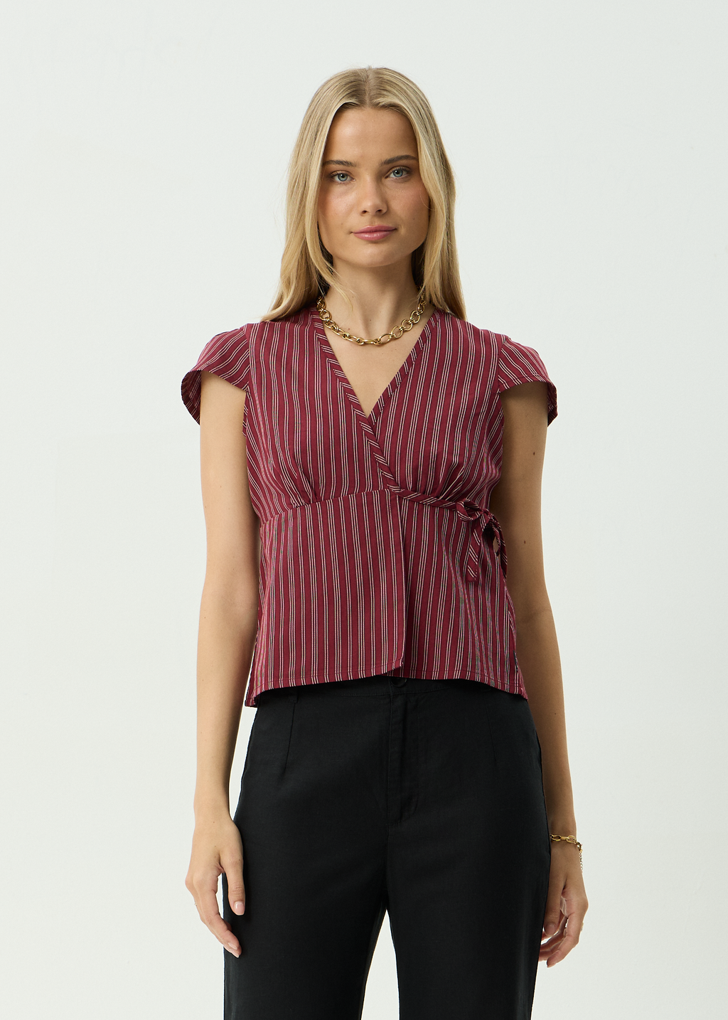 AFENDS Womens Ledger - Wrap Top - Burgundy Stripe