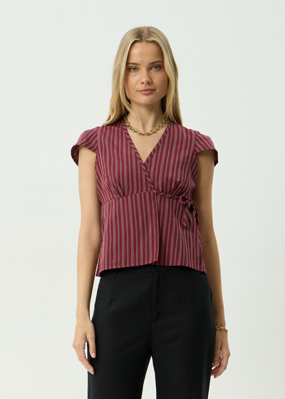AFENDS Womens Ledger - Wrap Top - Burgundy Stripe