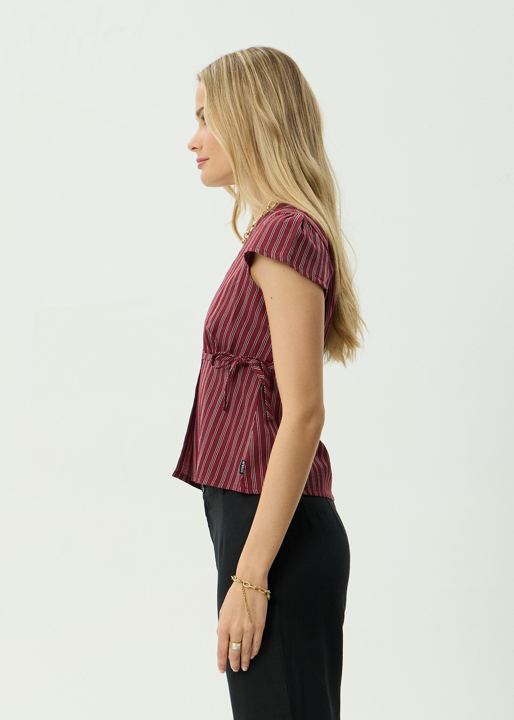AFENDS Womens Ledger - Wrap Top - Burgundy Stripe