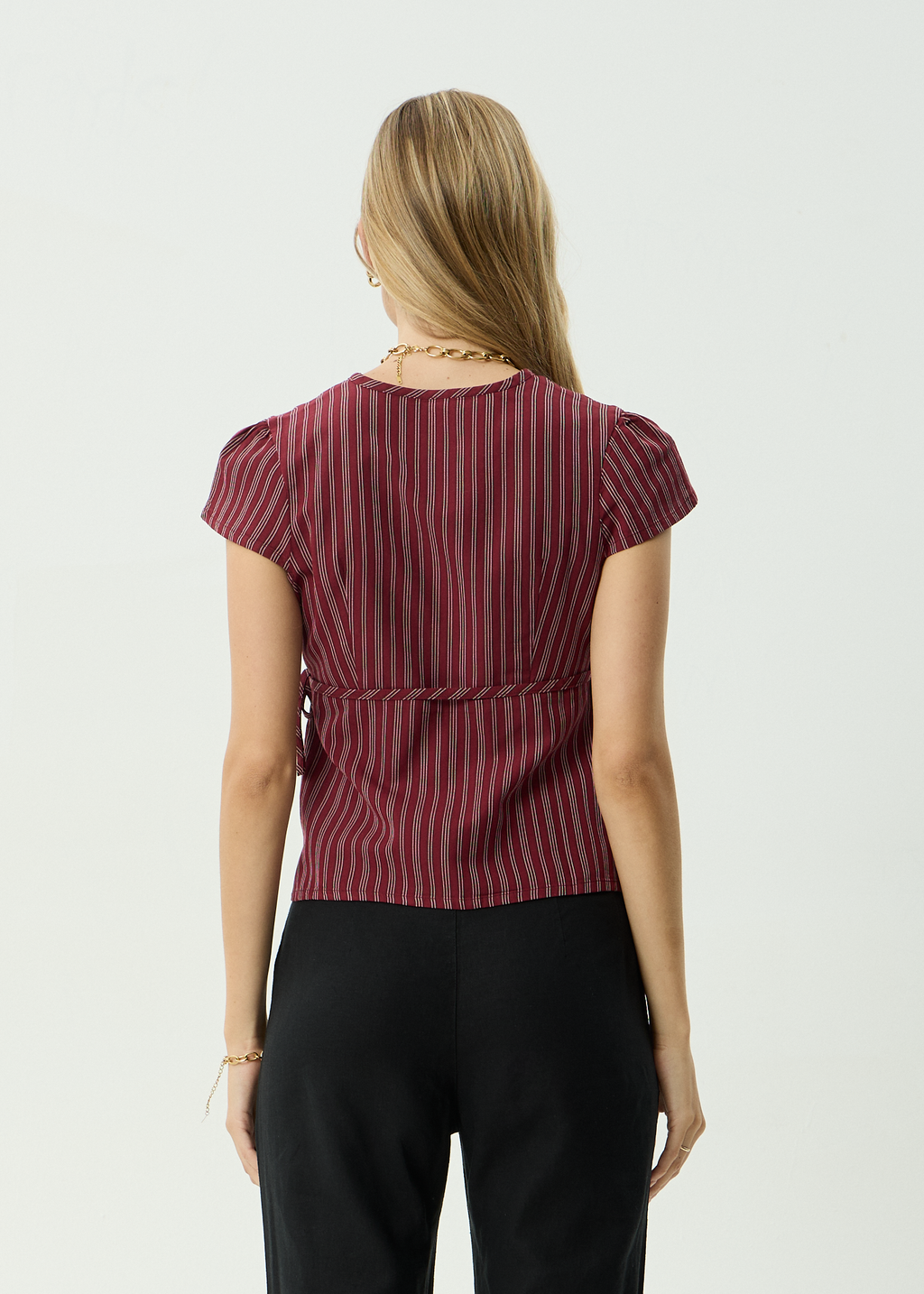 AFENDS Womens Ledger - Wrap Top - Burgundy Stripe