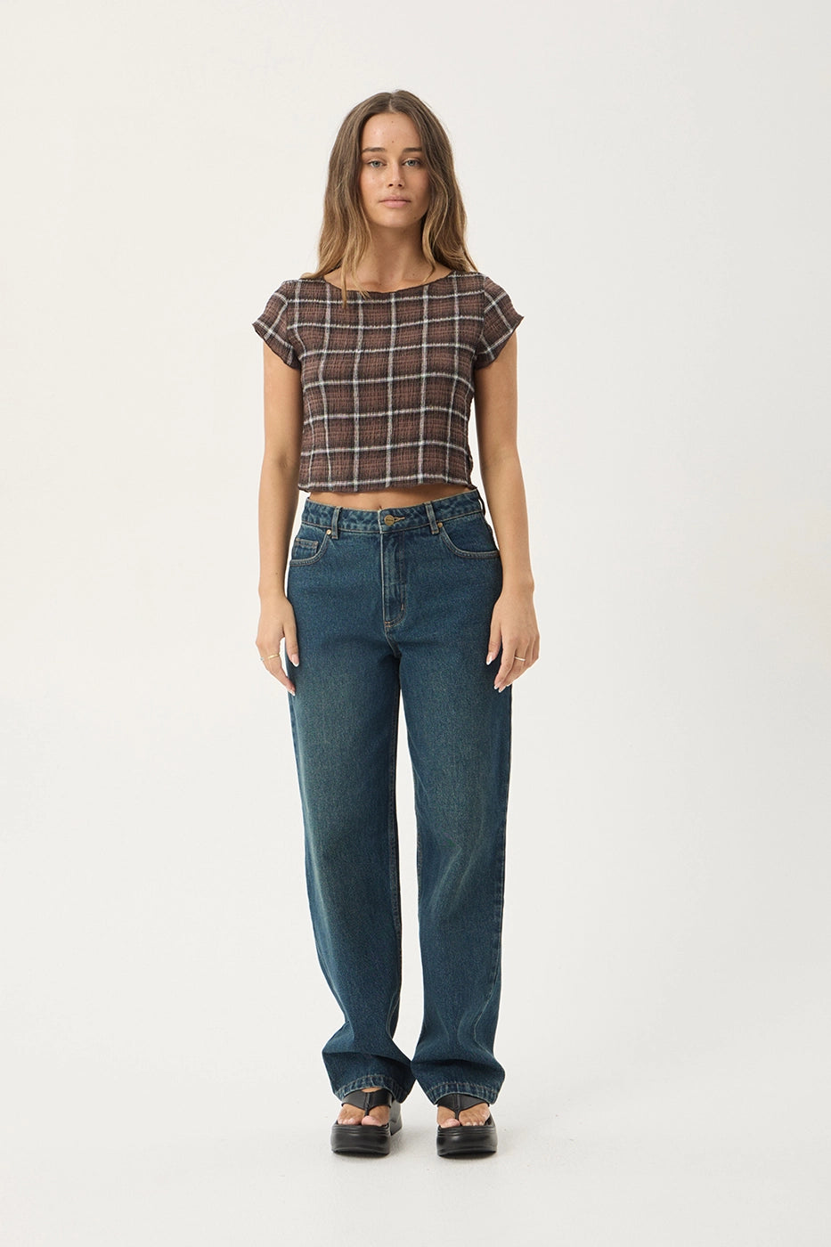 AFENDS Womens Darcy - Seersucker Top - Coffee Check