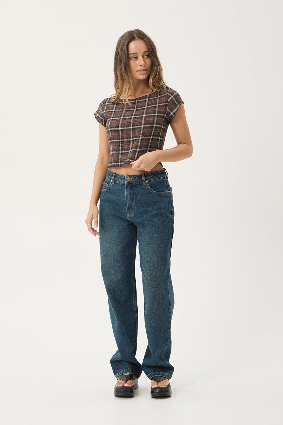 AFENDS Womens Darcy - Seersucker Top - Coffee Check