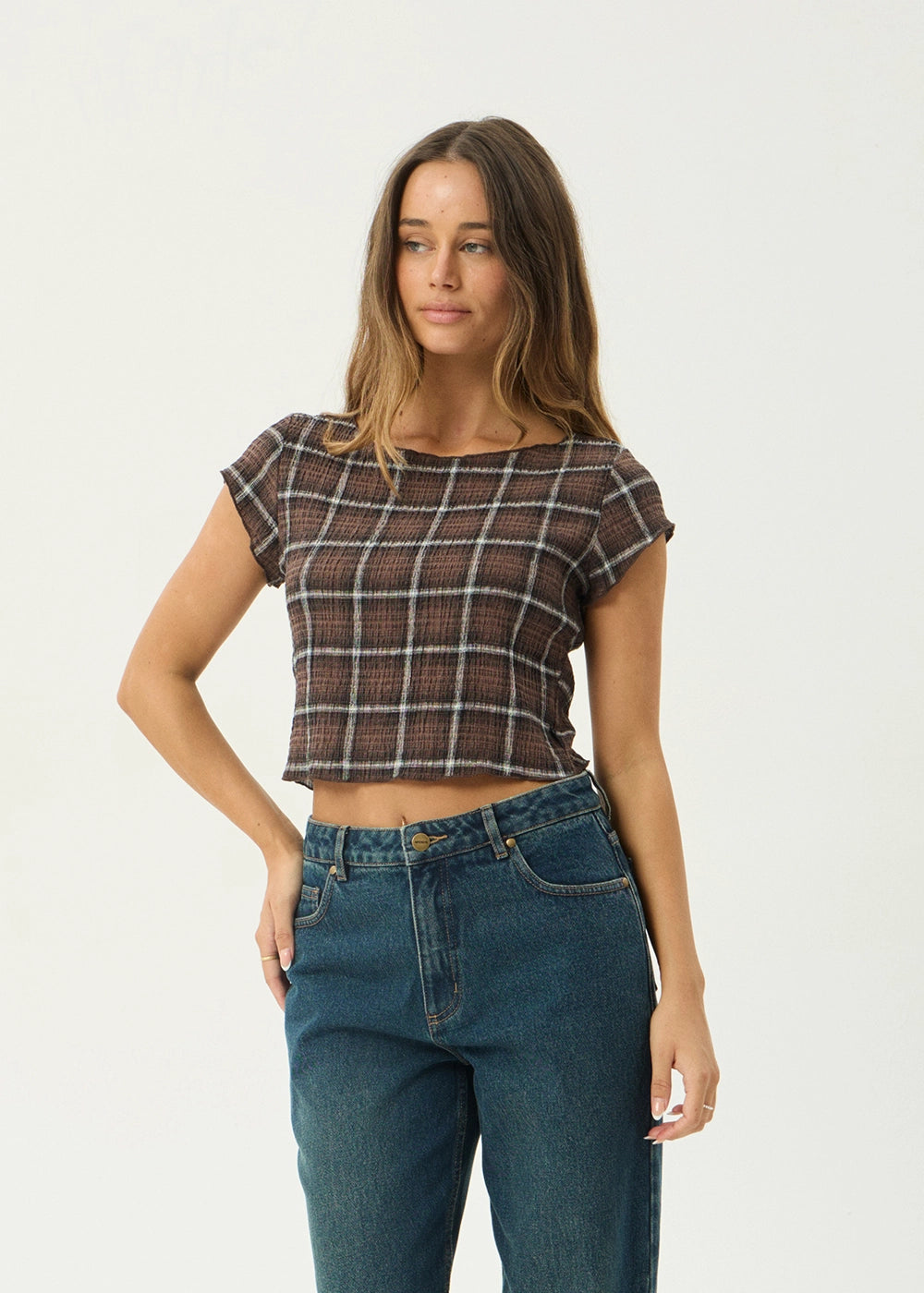 AFENDS Womens Darcy - Seersucker Top - Coffee Check