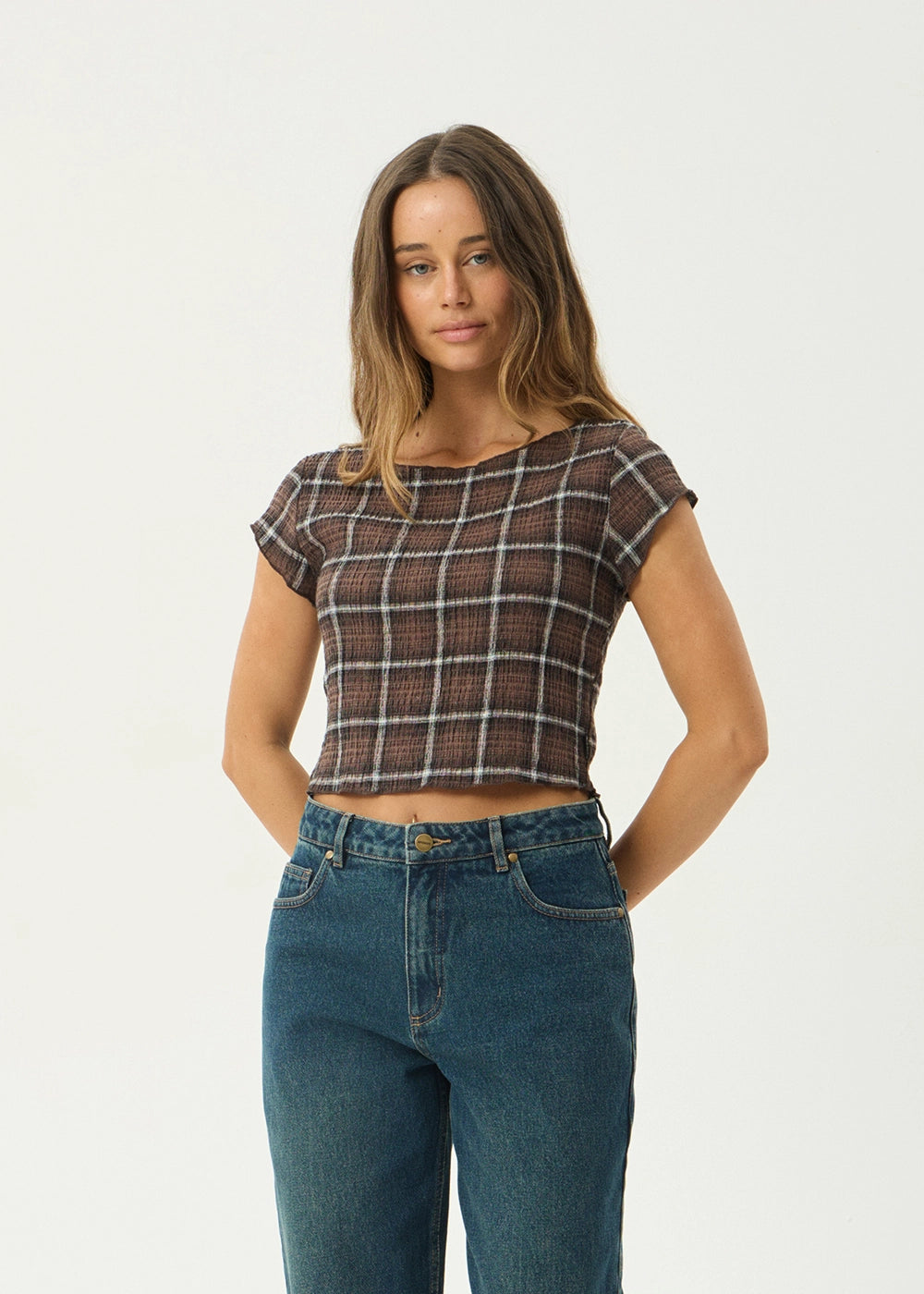 AFENDS Womens Darcy - Seersucker Top - Coffee Check