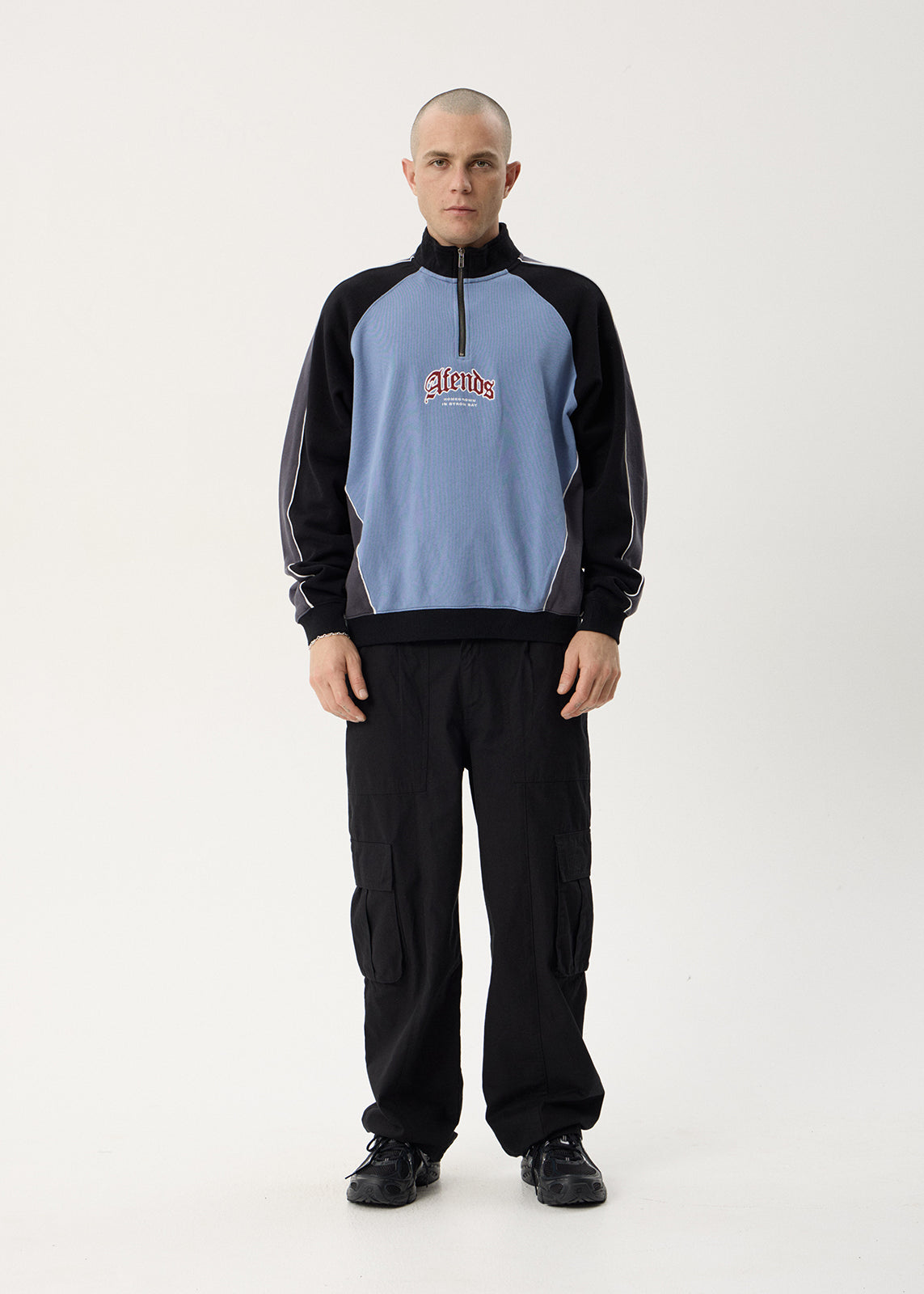 AFENDS Mens Occupancy - Paneled Quarter Zip Jumper - Slate Blue