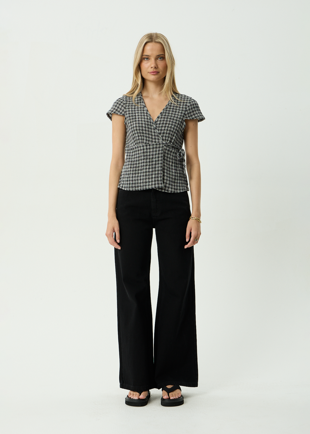 AFENDS Womens Loula - Seersucker Wrap Top - Steel Check