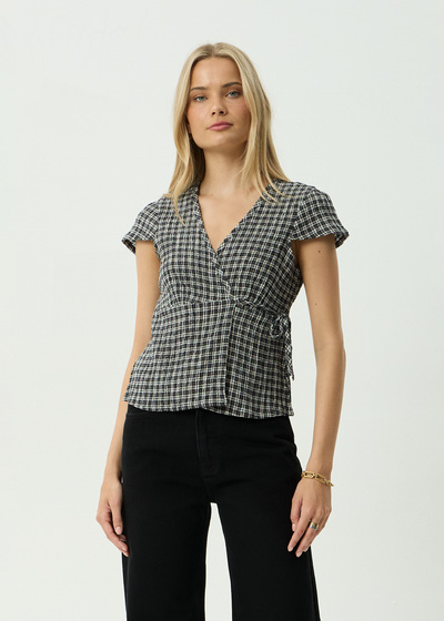 AFENDS Womens Asta Loula - Seersucker Wrap Top - Steel Check