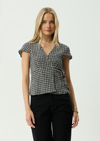AFENDS Womens Asta Loula - Seersucker Wrap Top - Steel Check