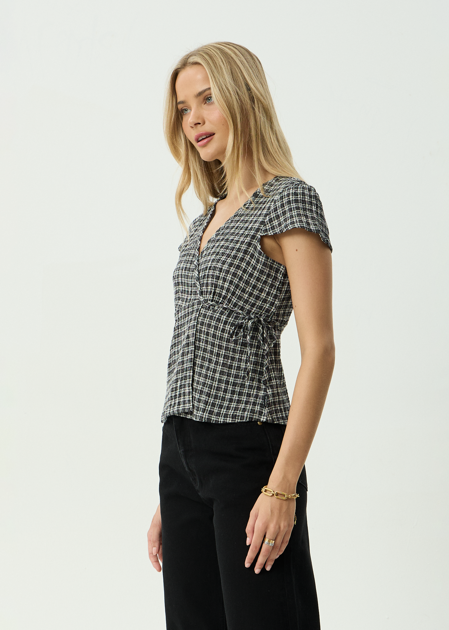 AFENDS Womens Loula - Seersucker Wrap Top - Steel Check
