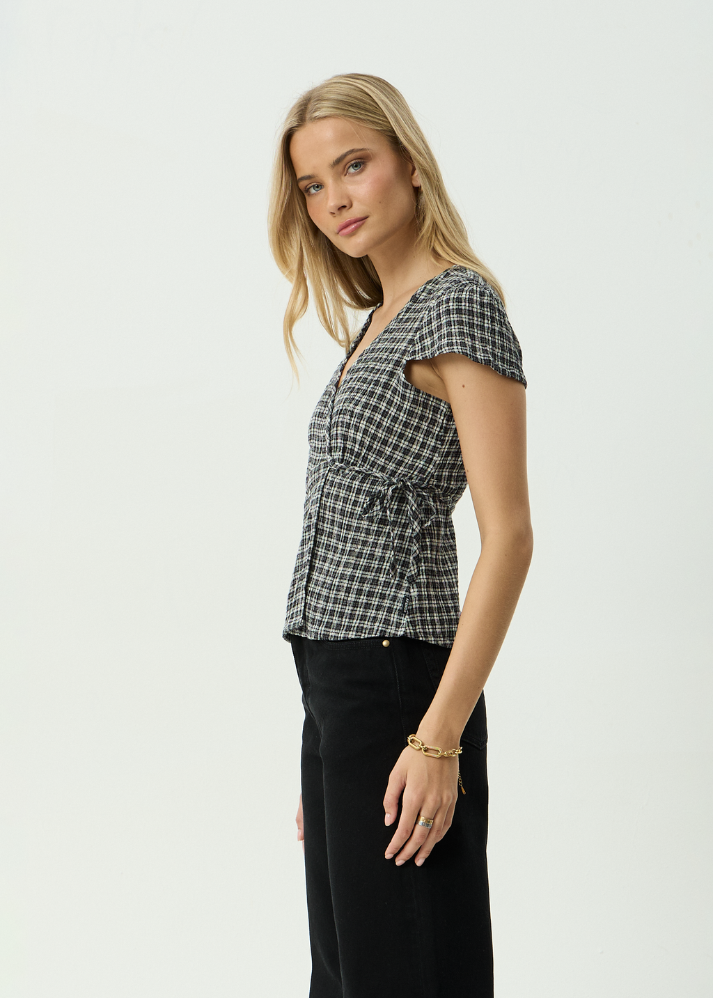 AFENDS Womens Loula - Seersucker Wrap Top - Steel Check