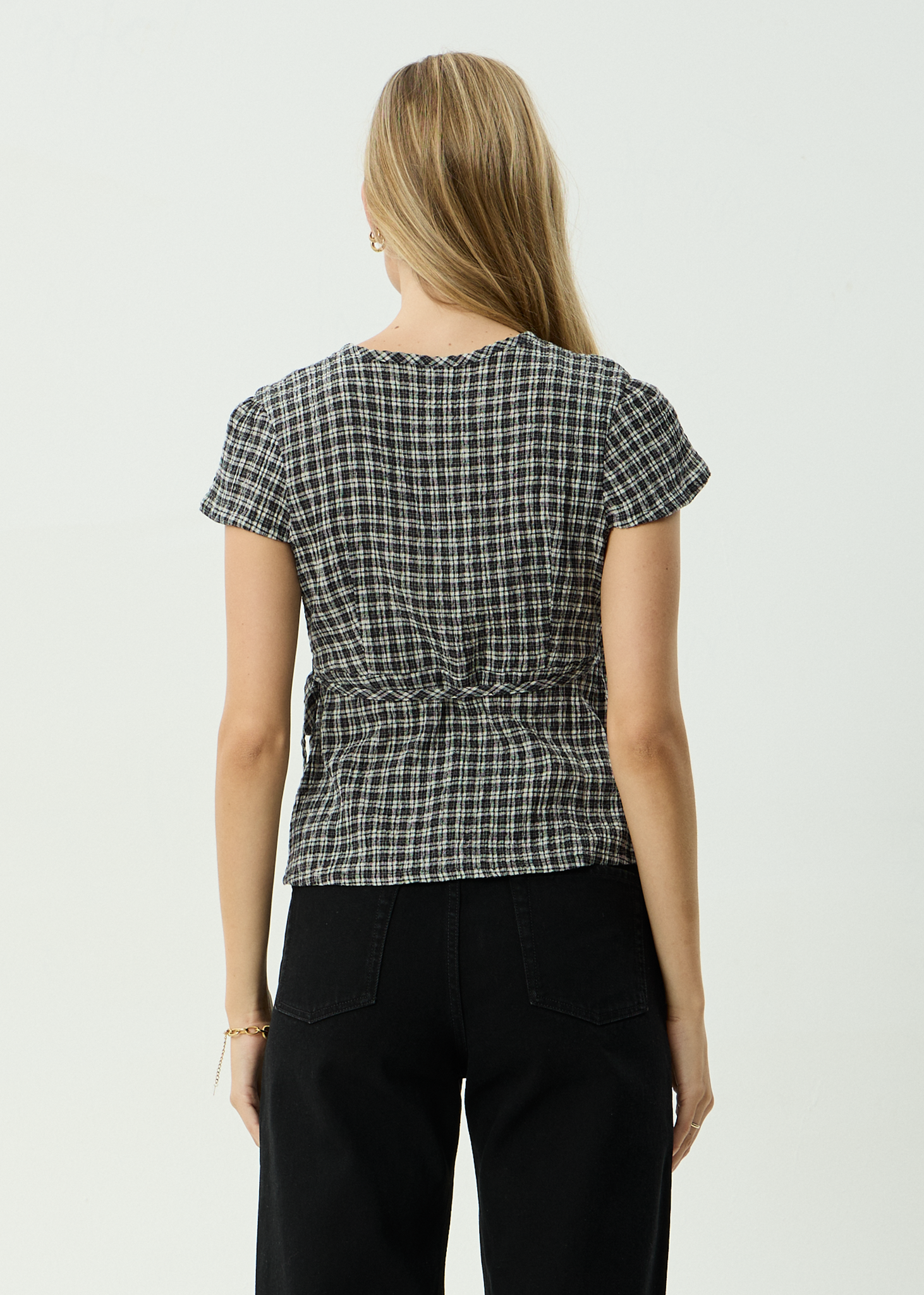 AFENDS Womens Loula - Seersucker Wrap Top - Steel Check