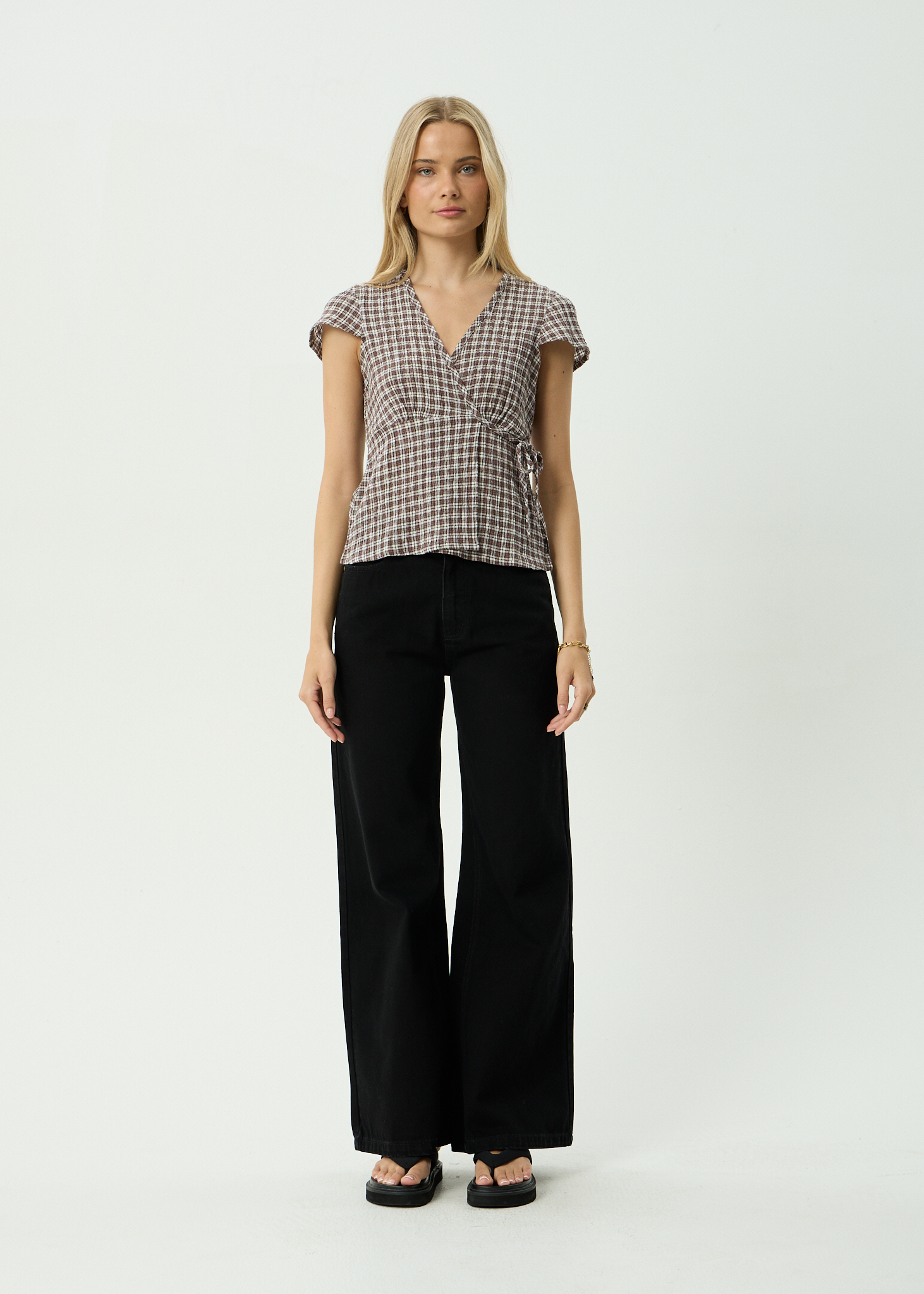 AFENDS Womens Loula - Seersucker Wrap Top - Coffee Check