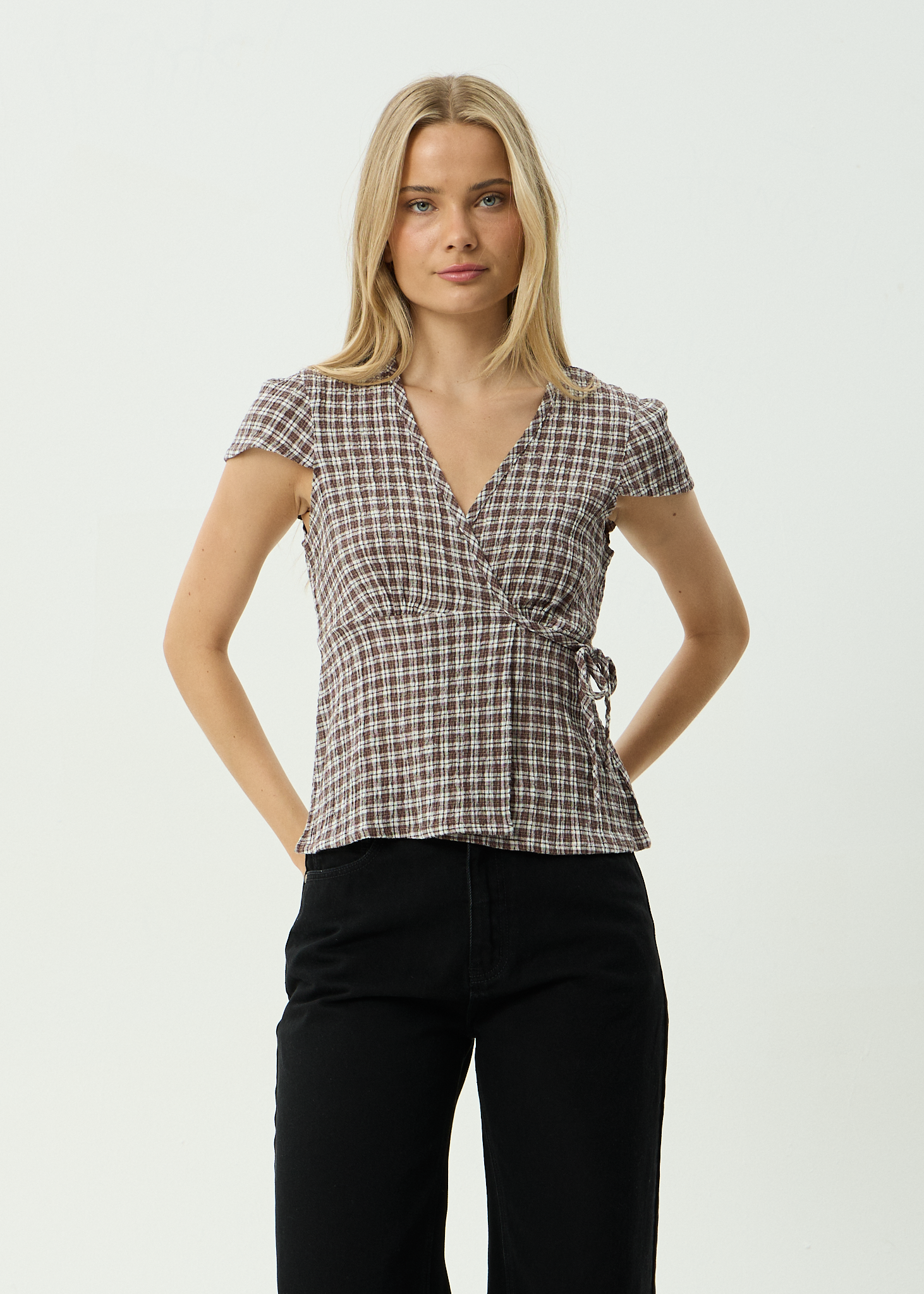 AFENDS Womens Loula - Seersucker Wrap Top - Coffee Check