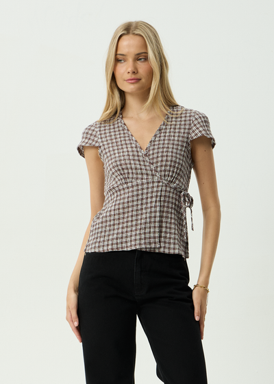 AFENDS Womens Base Loula - Seersucker Wrap Top - Coffee Check