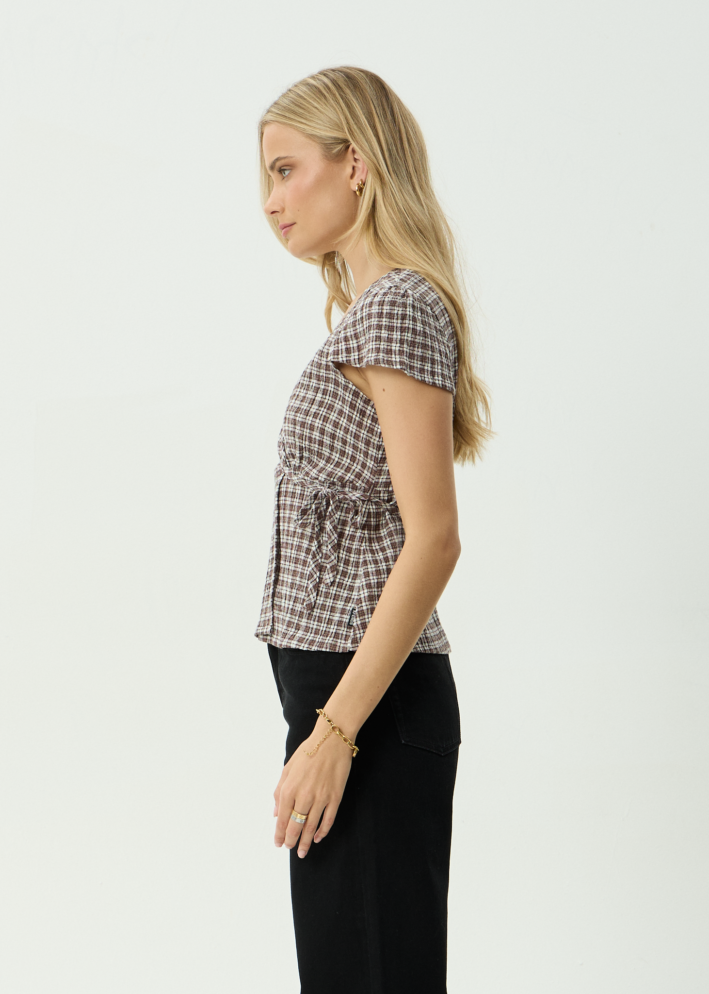 AFENDS Womens Loula - Seersucker Wrap Top - Coffee Check