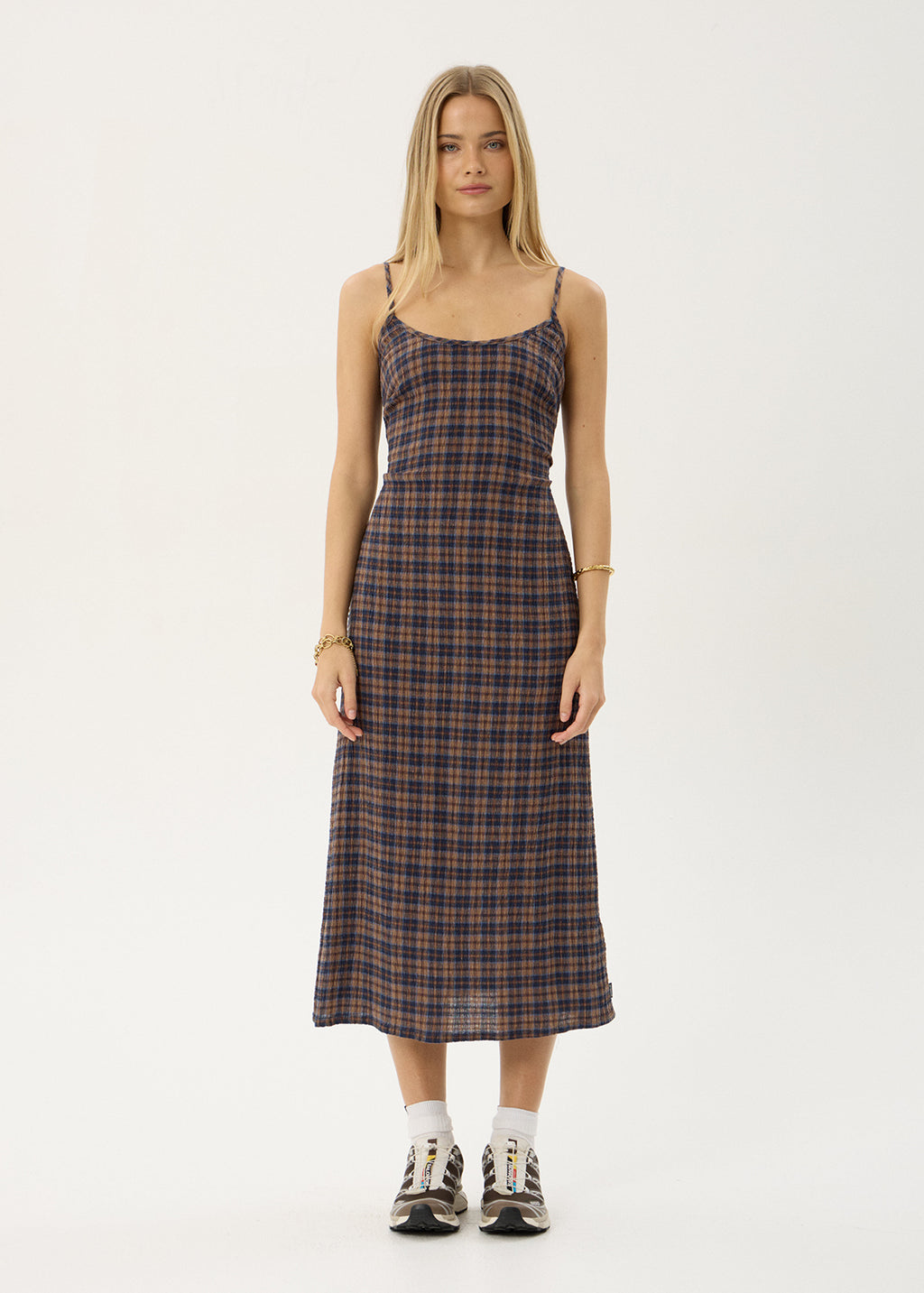 AFENDS Womens Rumi - Seersucker Midi Dress - Shev Indigo Check