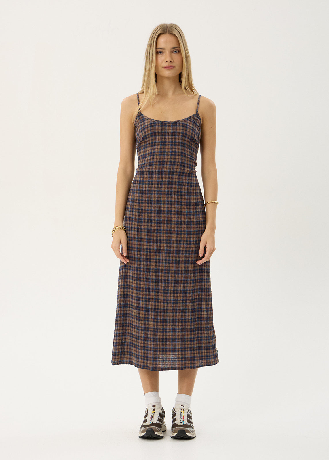 AFENDS Womens Rumi - Seersucker Midi Dress - Shev Indigo Check